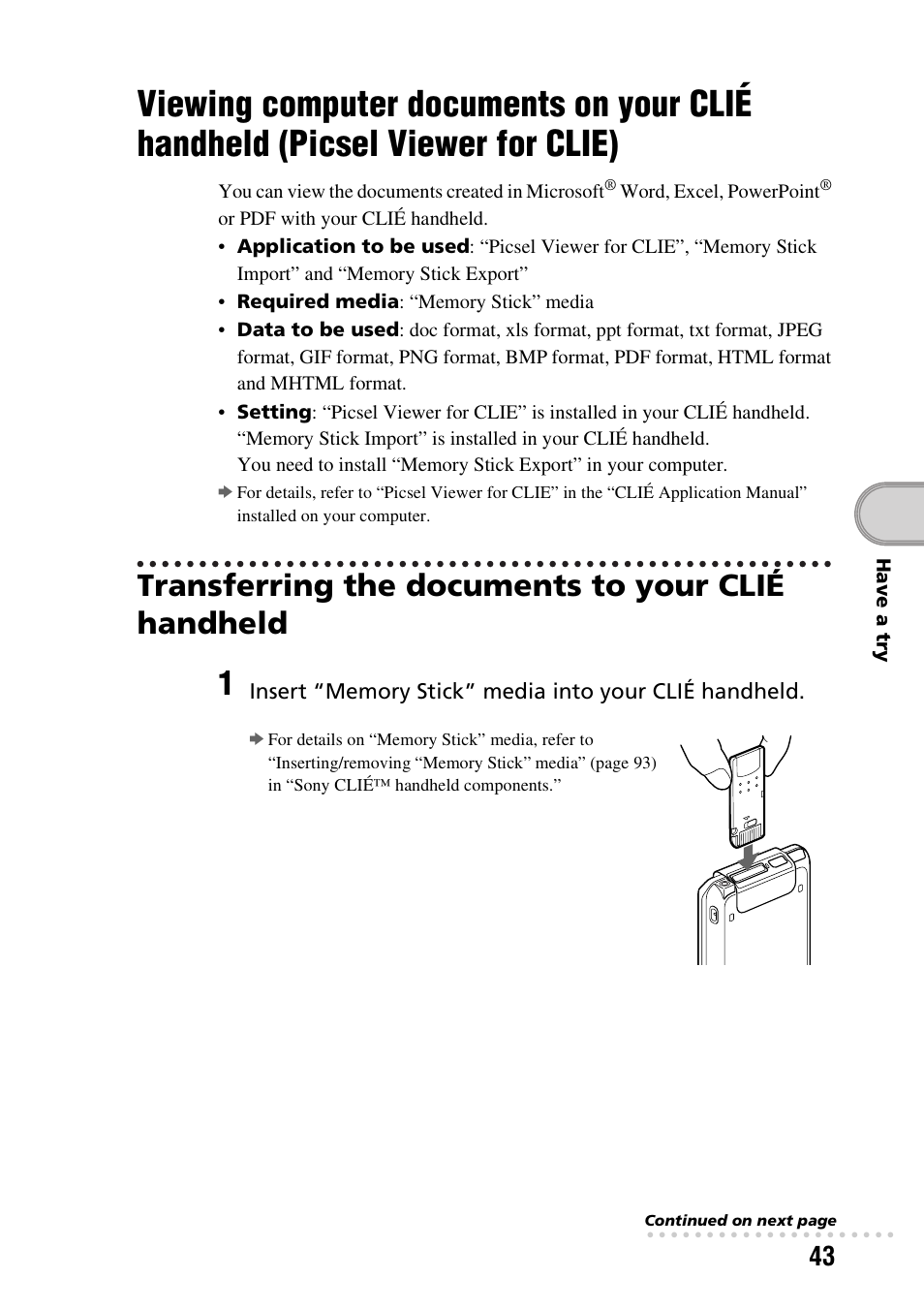 Transferring the documents to your clié handheld, Viewing computer documents on your, Clié handheld (picsel viewer for clie) | Sony PEG-TG50 User Manual | Page 43 / 104