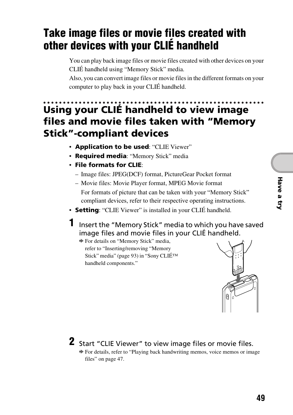 Take image files or movie files created, With other devices with your clié handheld | Sony PEG-TG50 User Manual | Page 49 / 104