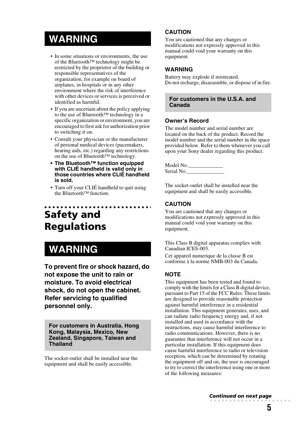 Safety and regulations, Warning | Sony PEG-TG50 User Manual | Page 5 / 104