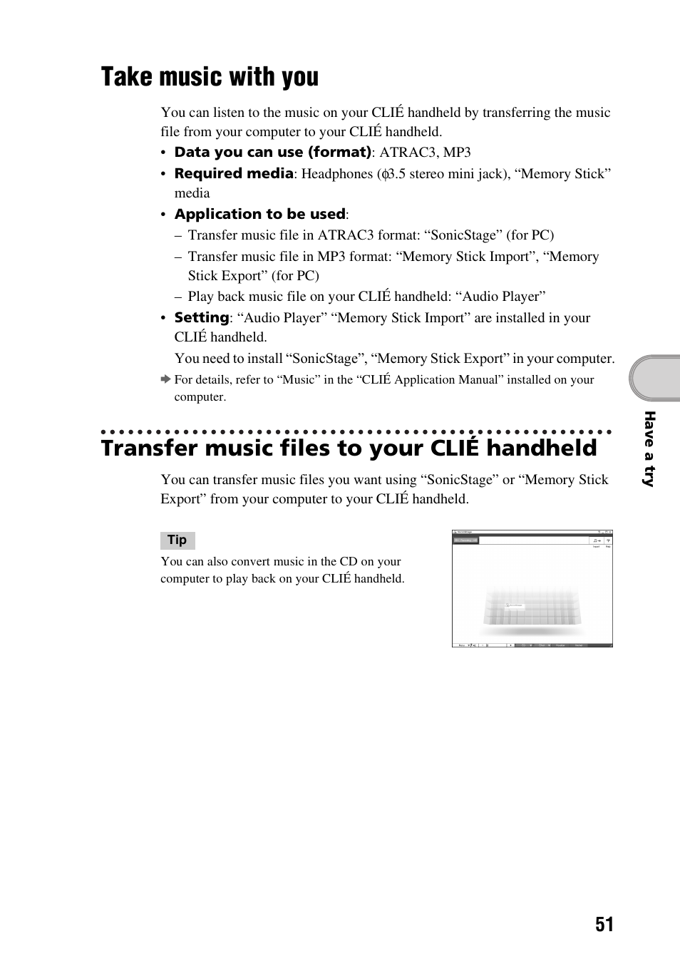 Take music with you, Transfer music files to your clié handheld | Sony PEG-TG50 User Manual | Page 51 / 104