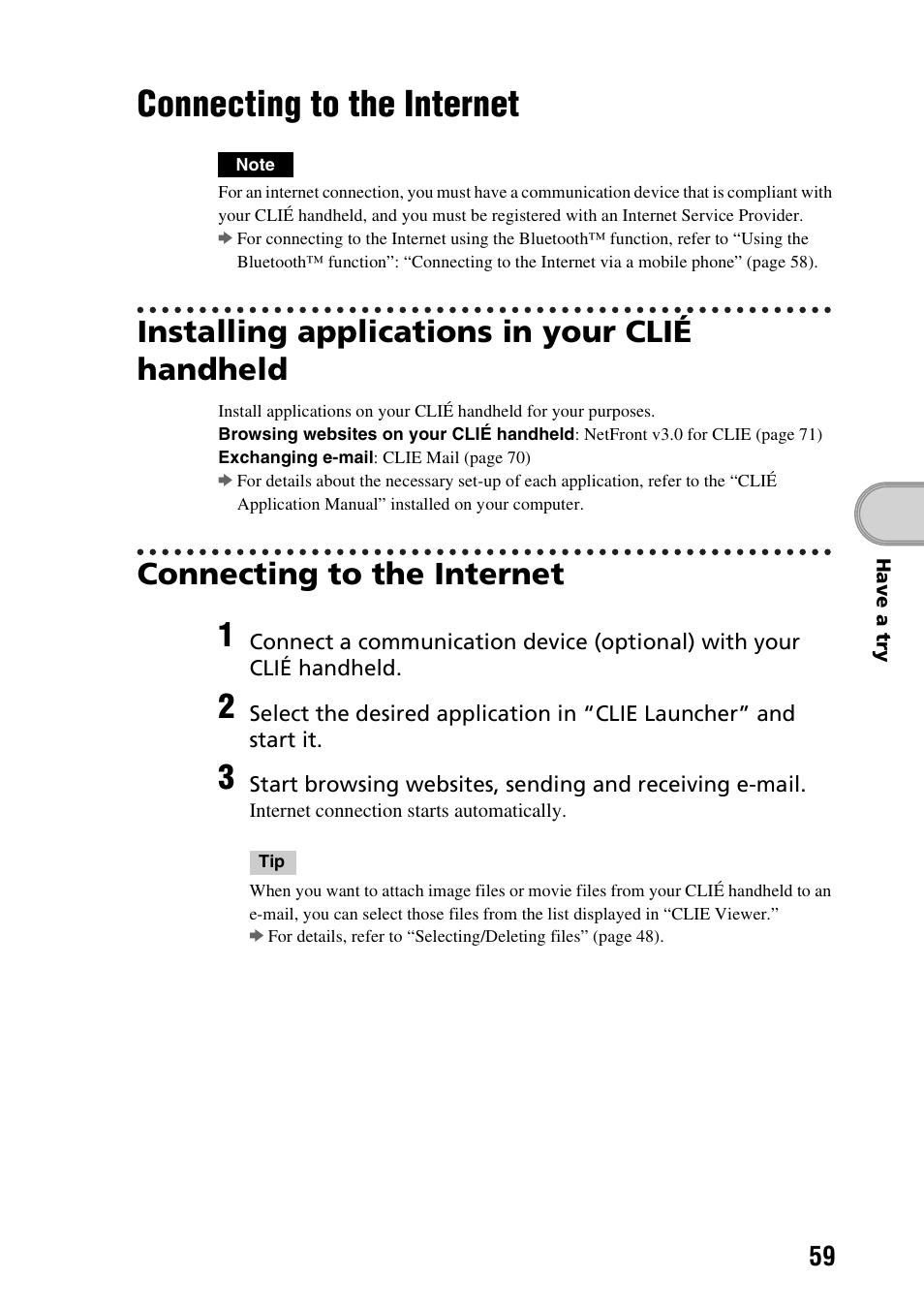 Connecting to the internet, Installing applications in your clié handheld | Sony PEG-TG50 User Manual | Page 59 / 104