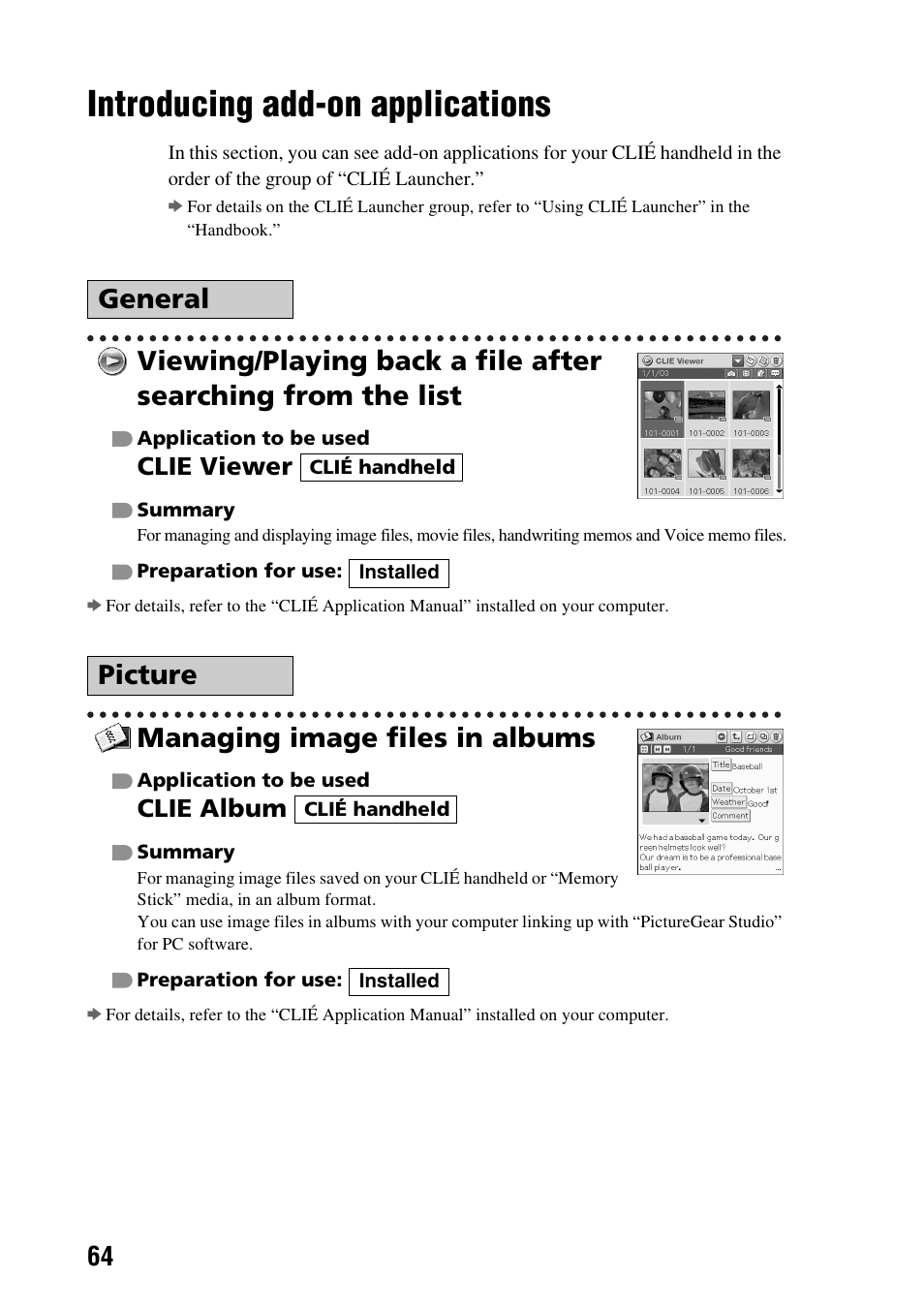 Introducing add-on applications, Managing image files in albums, General picture | Sony PEG-TG50 User Manual | Page 64 / 104