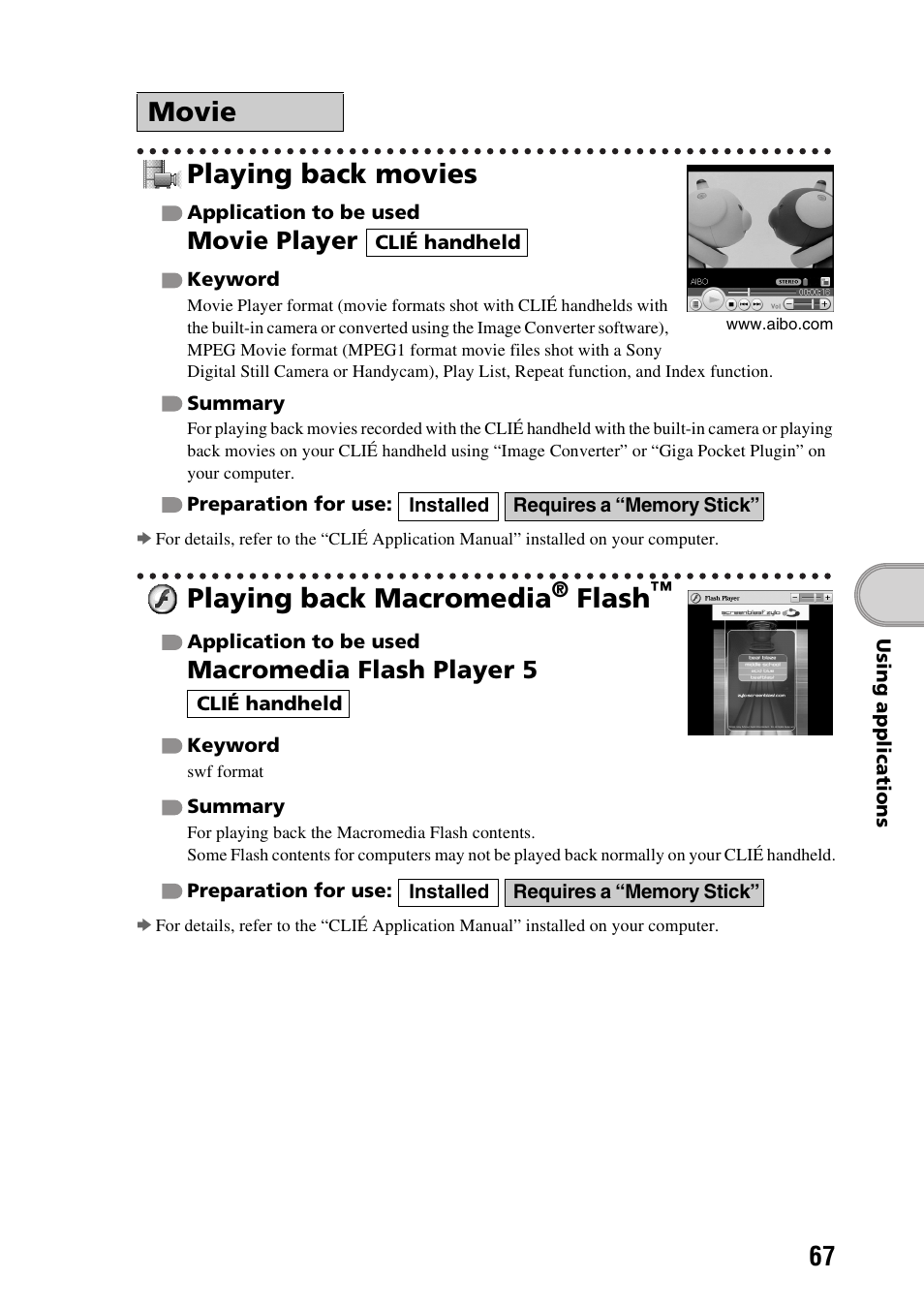Playing back movies, Playing back macromedia® flash, Playing back macromedia | Flash, Movie, Movie player, Macromedia flash player 5 | Sony PEG-TG50 User Manual | Page 67 / 104