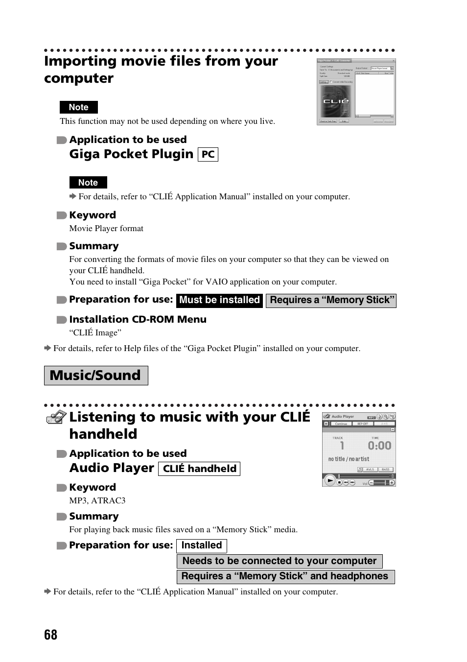 Importing movie files from your computer, Listening to music with your clié handheld, Music/sound | Giga pocket plugin, Audio player | Sony PEG-TG50 User Manual | Page 68 / 104