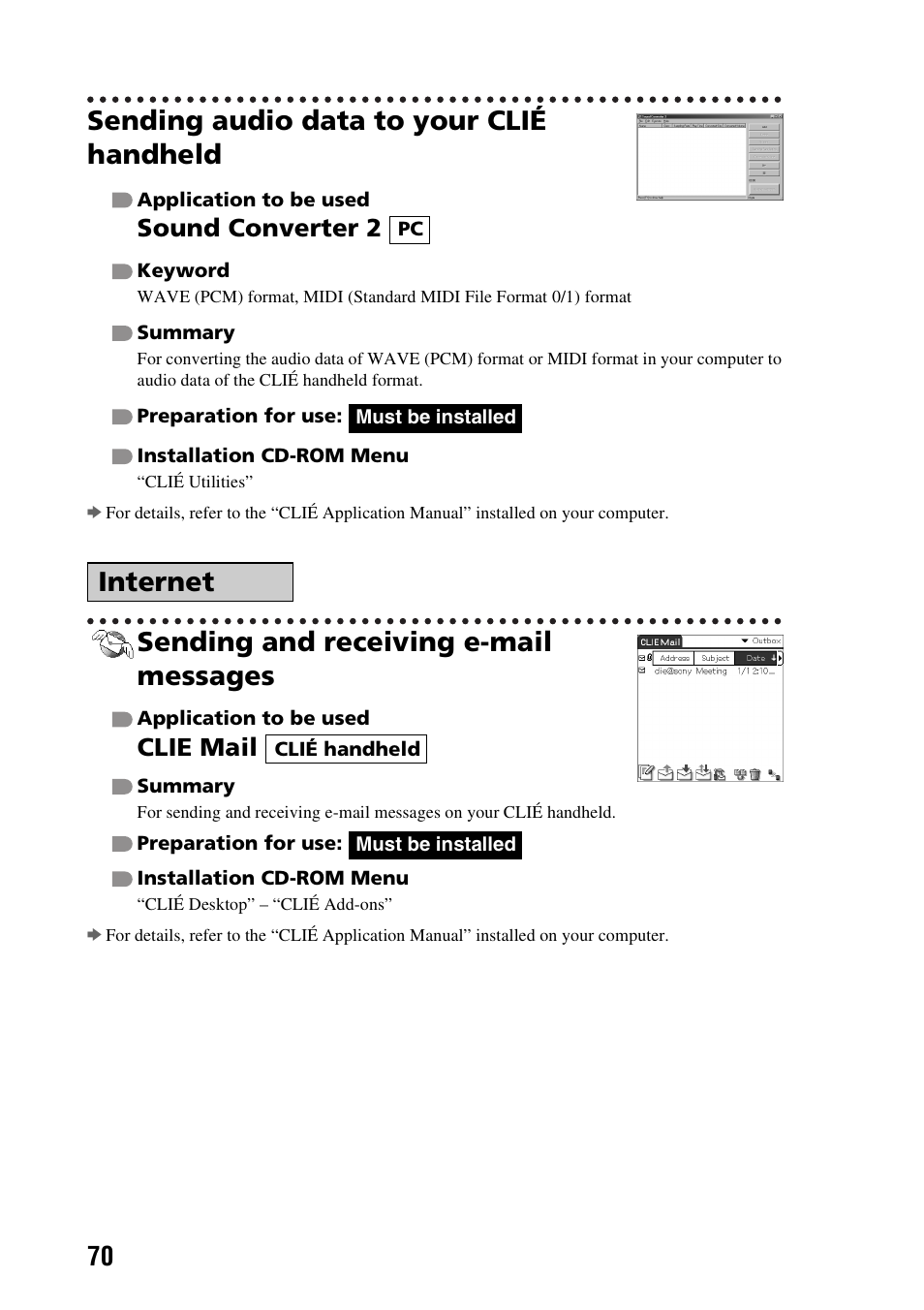 Sending audio data to your clié handheld, Sending and receiving e-mail messages, Internet | Sound converter 2, Clie mail | Sony PEG-TG50 User Manual | Page 70 / 104