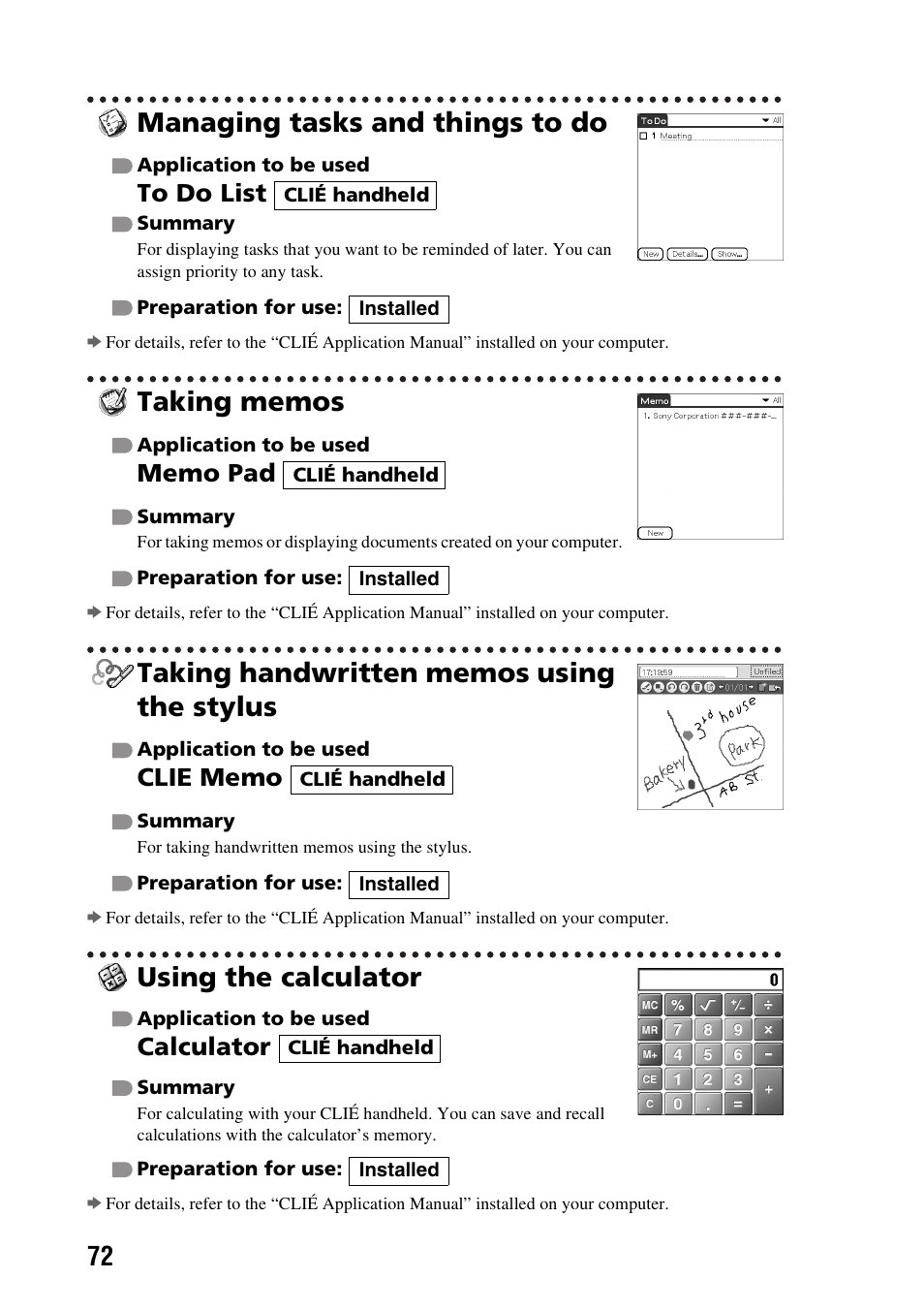 Managing tasks and things to do, Taking memos, Taking handwritten memos using the stylus | Using the calculator, Calculator | Sony PEG-TG50 User Manual | Page 72 / 104