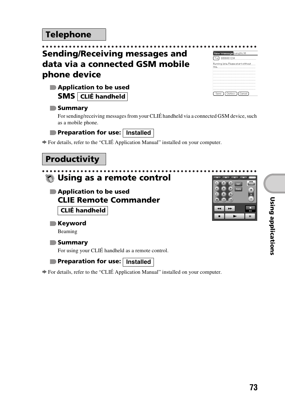 Using as a remote control, Telephone productivity, Clie remote commander | Sony PEG-TG50 User Manual | Page 73 / 104