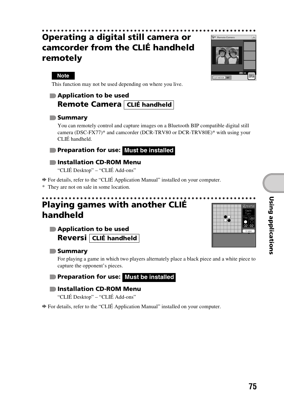 Playing games with another clié handheld, Remote camera, Reversi | Sony PEG-TG50 User Manual | Page 75 / 104