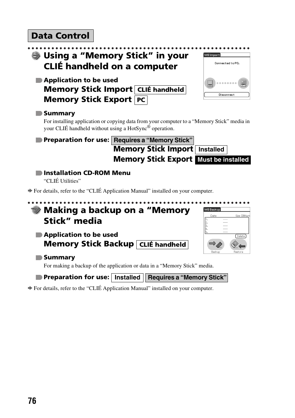 Making a backup on a “memory stick” media, Data control | Sony PEG-TG50 User Manual | Page 76 / 104