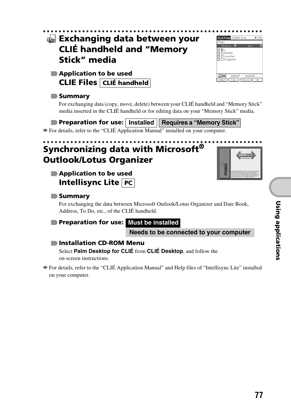 Synchronizing data with microsoft, Outlook/lotus organizer, Clie files | Intellisync lite | Sony PEG-TG50 User Manual | Page 77 / 104