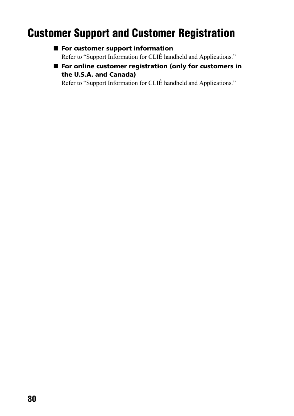 Customer support and customer registration, Customer support and customer, Registration | Sony PEG-TG50 User Manual | Page 80 / 104