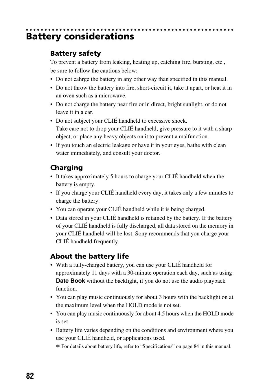 Battery considerations | Sony PEG-TG50 User Manual | Page 82 / 104