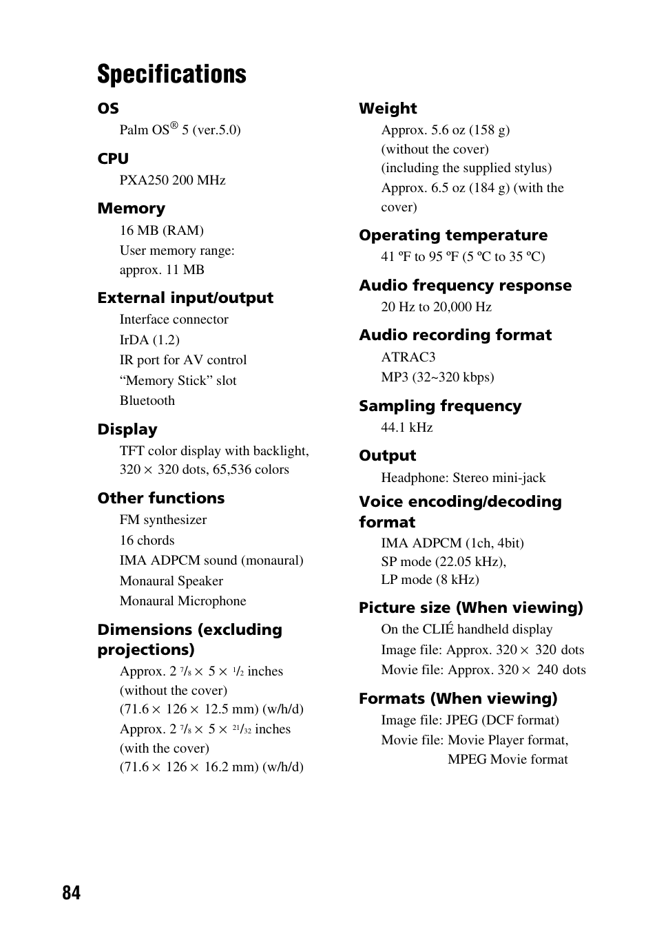 Specifications | Sony PEG-TG50 User Manual | Page 84 / 104