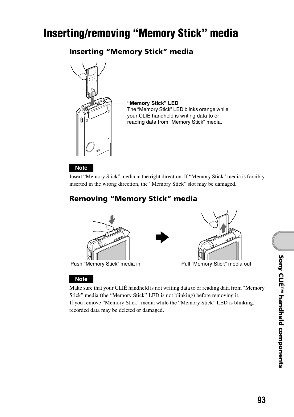 Inserting/removing “memory stick” media, Inserting/removing “memory stick, Media | Sony PEG-TG50 User Manual | Page 93 / 104