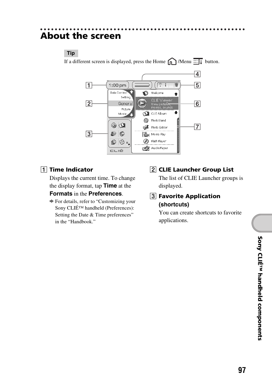 About the screen | Sony PEG-TG50 User Manual | Page 97 / 104