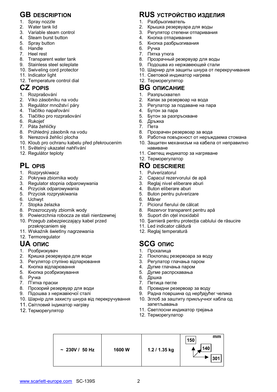 Ua scg | Scarlett SC-139S User Manual | Page 2 / 25