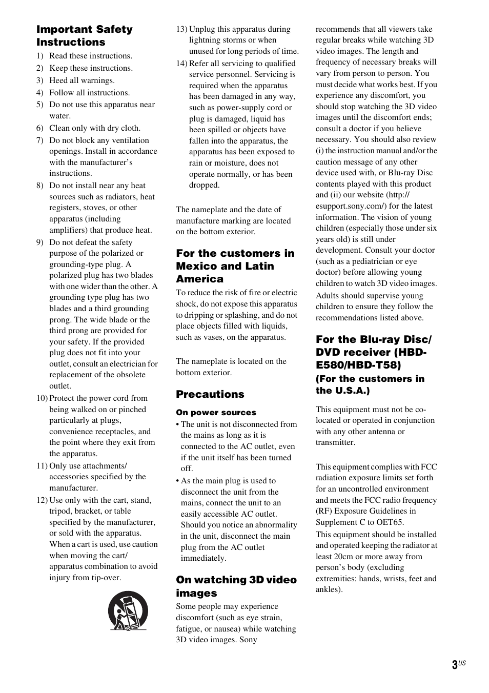 Important safety instructions, For the customers in mexico and latin america, Precautions | On watching 3d video images | Sony BDV-E580 User Manual | Page 3 / 80