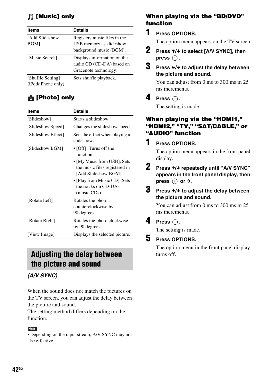 Adjusting the delay between the picture and sound | Sony BDV-E580 User Manual | Page 42 / 80