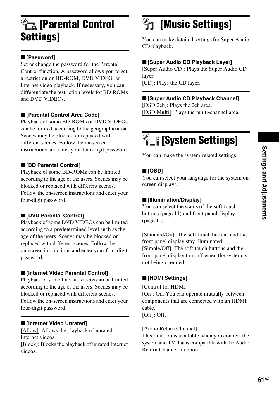 Parental control settings, Music settings, System settings | Sony BDV-E580 User Manual | Page 61 / 80