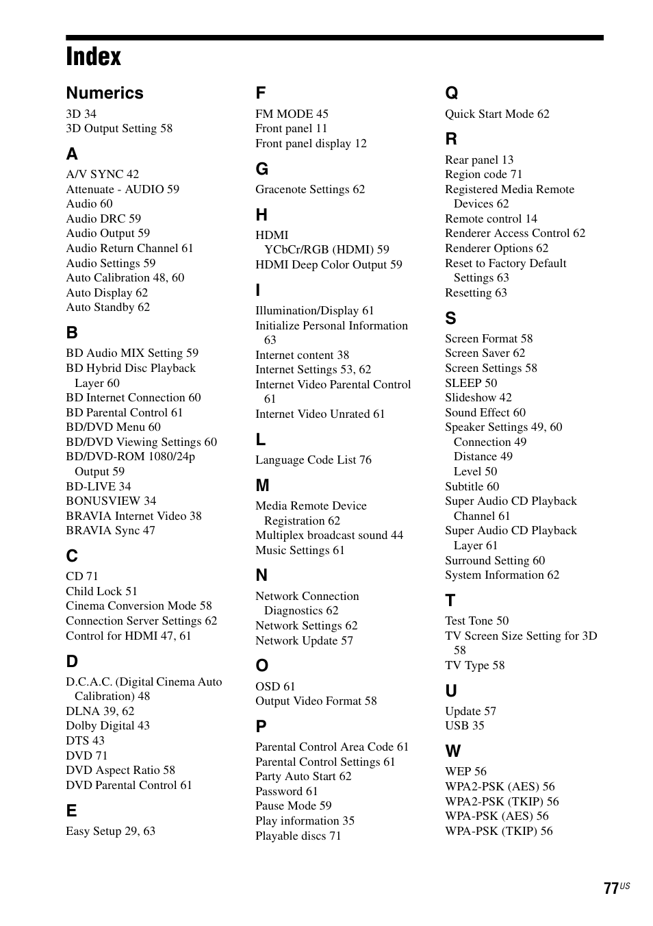 Index, Numerics | Sony BDV-E580 User Manual | Page 77 / 80