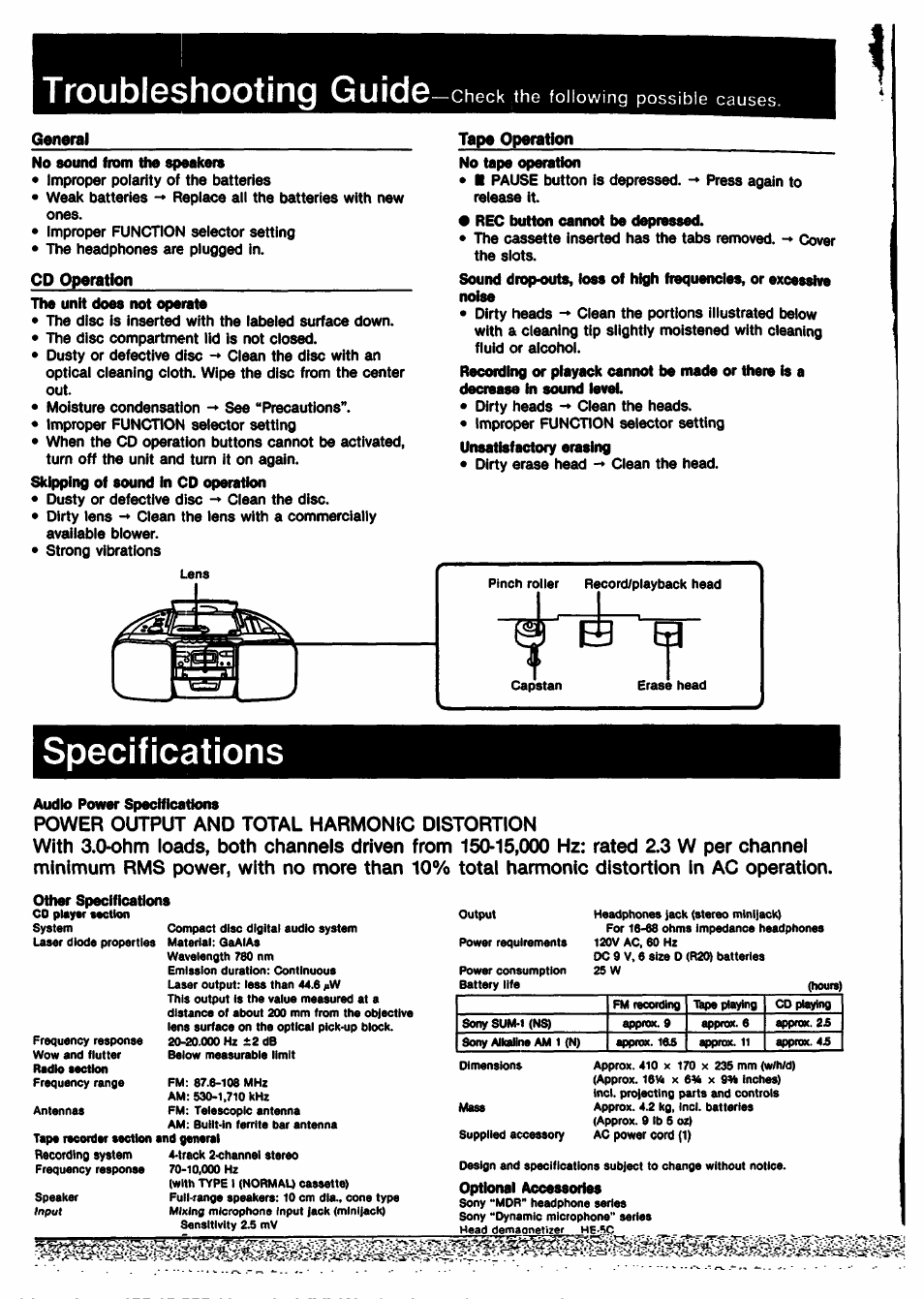 Troubleshooting guide, No sound from die speakers, Tape operation | Cd operation, No tape operation, Specifications, Audio power specifications, Power output and total harmonic distortion, Other specifications, Check the following possible causes | Sony CFD-22 User Manual | Page 6 / 6
