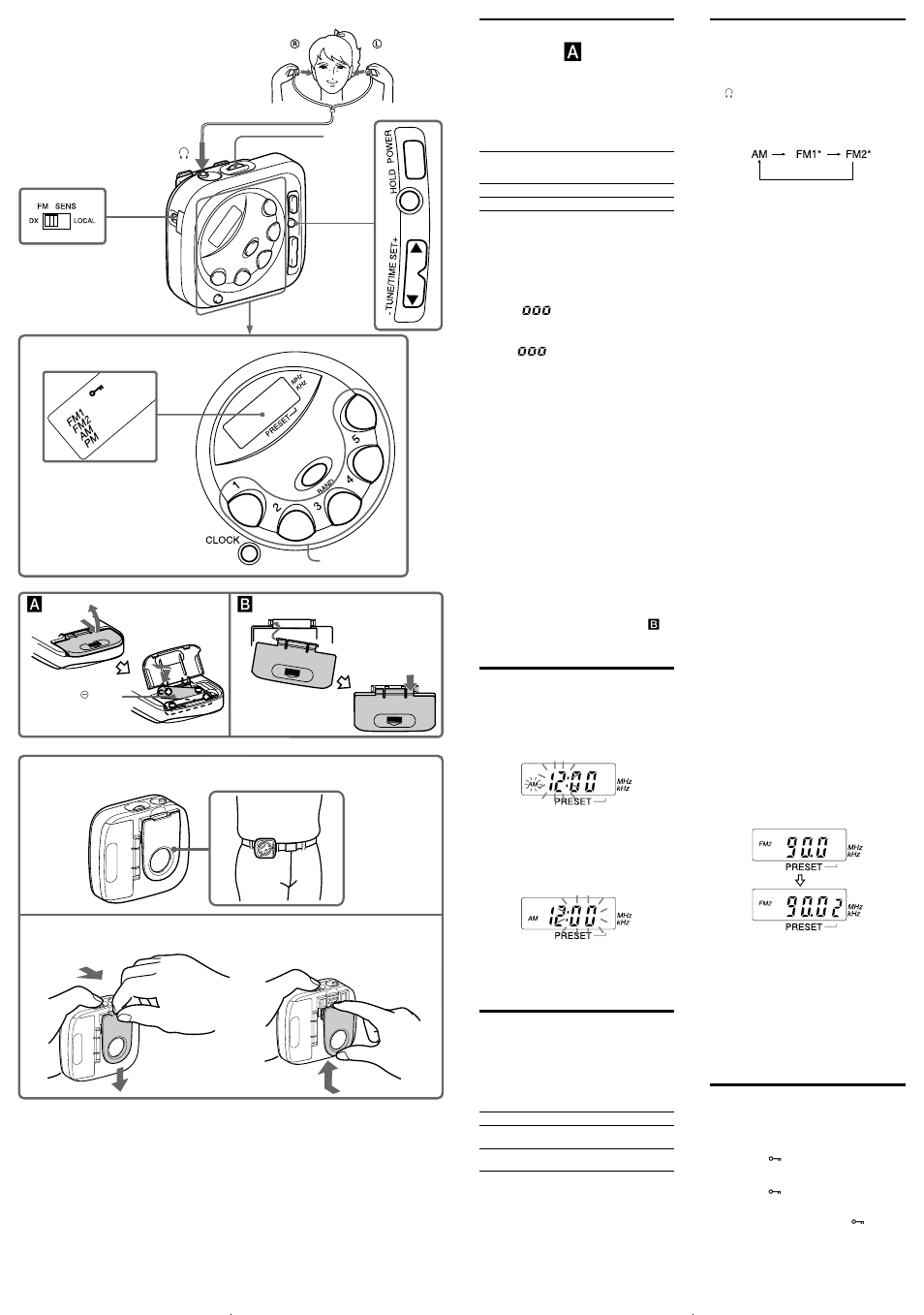 Installing the batteries (see fig. a ), Setting the clock, Changing am channel step | Playing the radio, Using other functions, Manual tuning, Preset tuning | Sony SRF-M35FP User Manual | Page 2 / 2