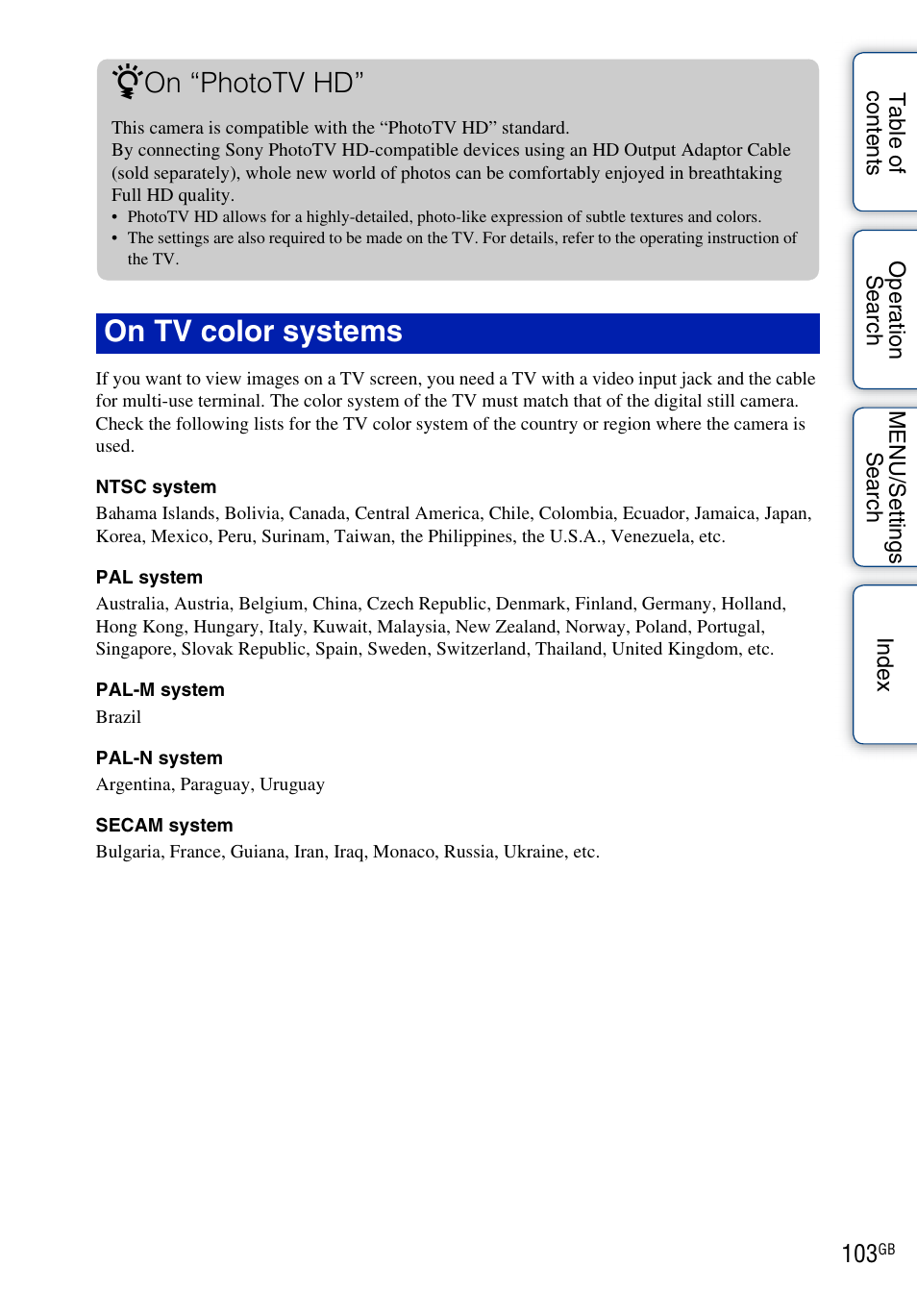 On tv color systems z, On “phototv hd | Sony DSC-W290 User Manual | Page 103 / 145