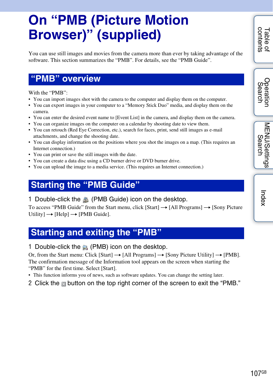 On “pmb (picture motion browser)” (supplied) | Sony DSC-W290 User Manual | Page 107 / 145