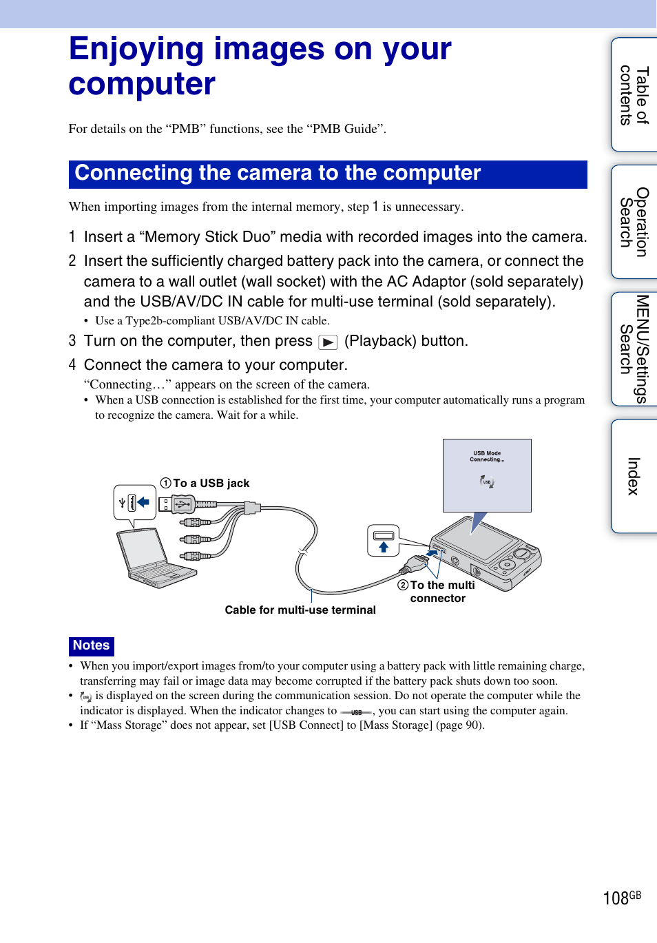 Enjoying images on your computer, Connecting the camera to the computer | Sony DSC-W290 User Manual | Page 108 / 145