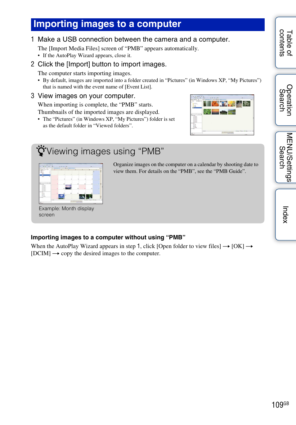 109 w, Importing images to a computer z, Viewing images using “pmb | Sony DSC-W290 User Manual | Page 109 / 145