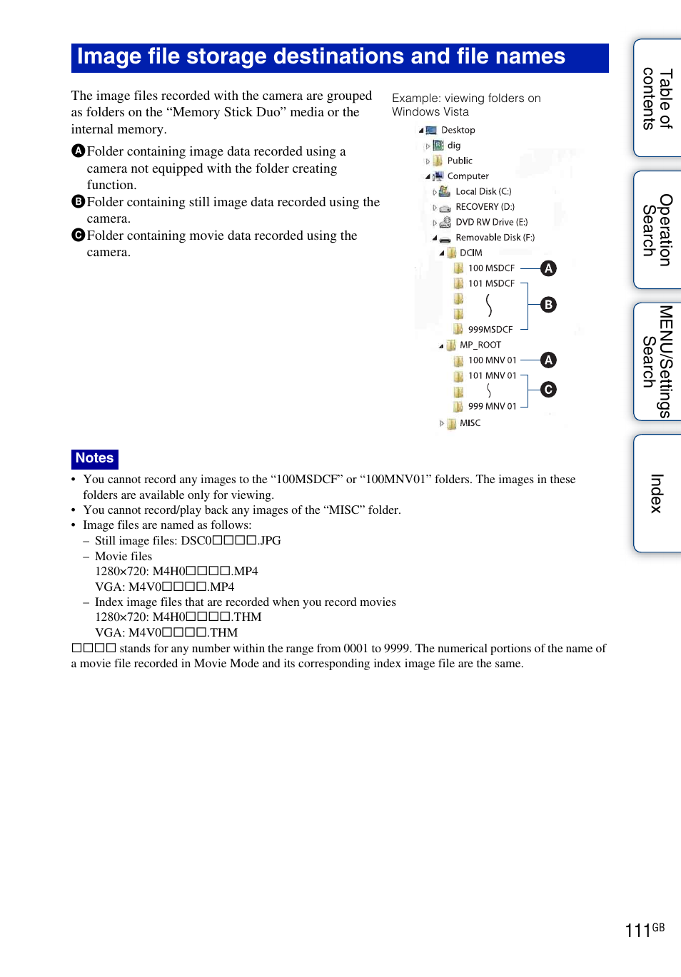 Image file storage destinations and file names | Sony DSC-W290 User Manual | Page 111 / 145