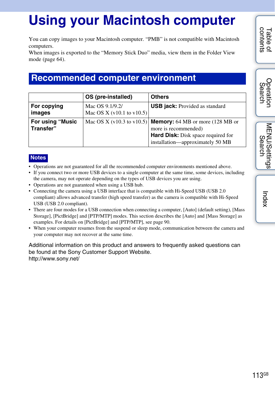 Using your macintosh computer, Recommended computer environment | Sony DSC-W290 User Manual | Page 113 / 145