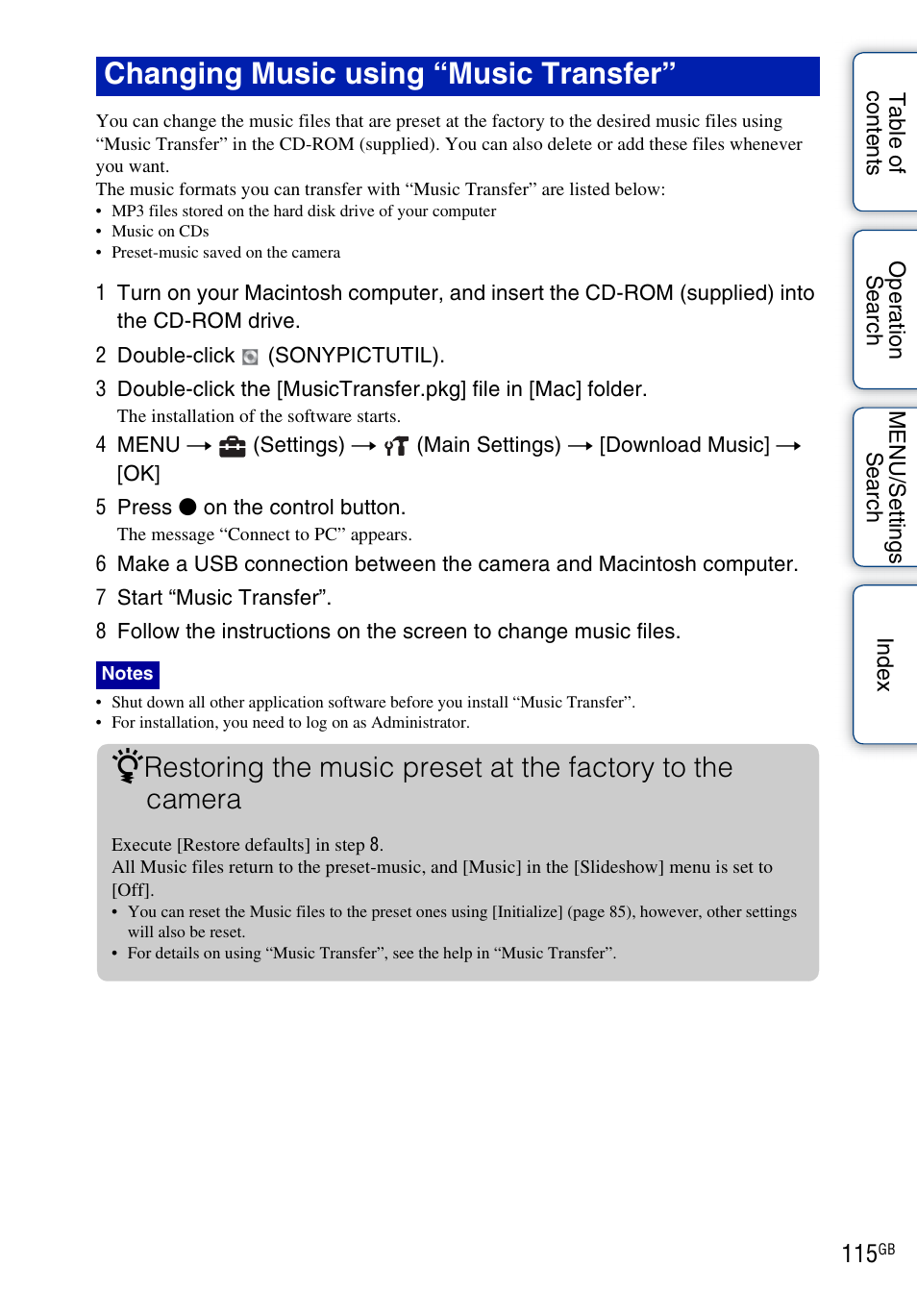 Changing music using “music transfer | Sony DSC-W290 User Manual | Page 115 / 145