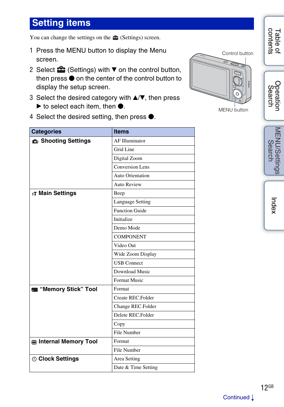 Setting items | Sony DSC-W290 User Manual | Page 12 / 145