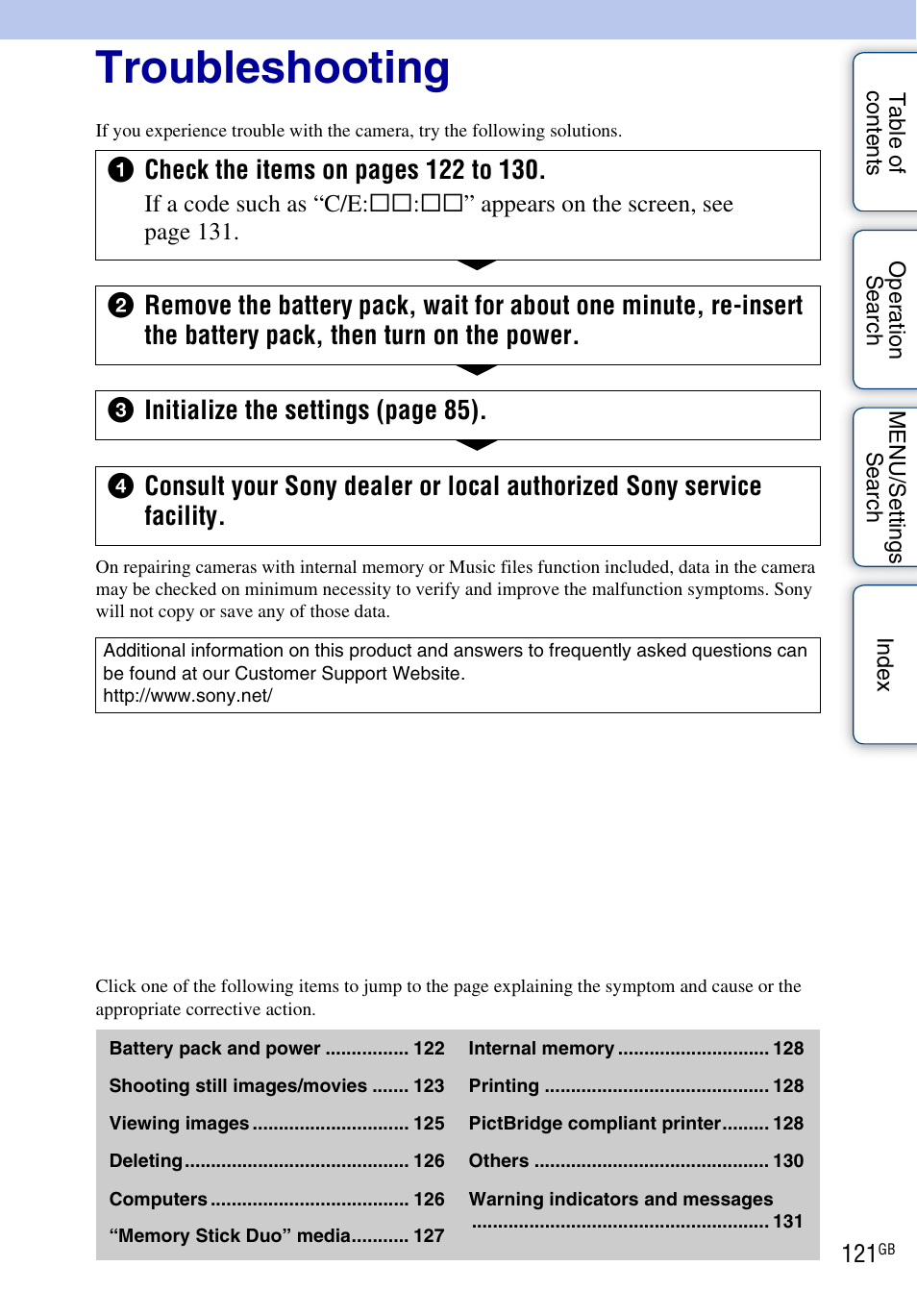 Troubleshooting | Sony DSC-W290 User Manual | Page 121 / 145