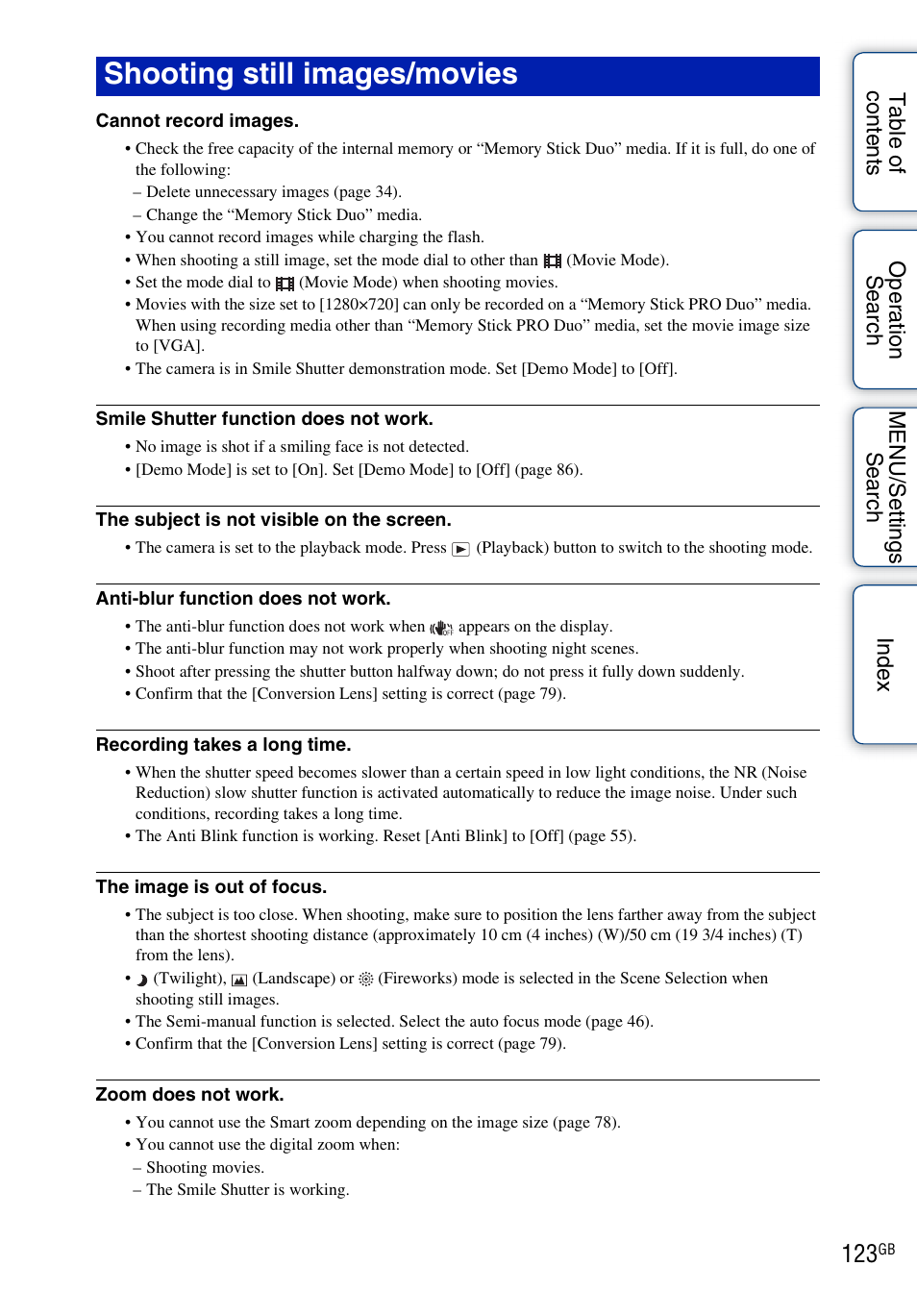 Shooting still images/movies | Sony DSC-W290 User Manual | Page 123 / 145