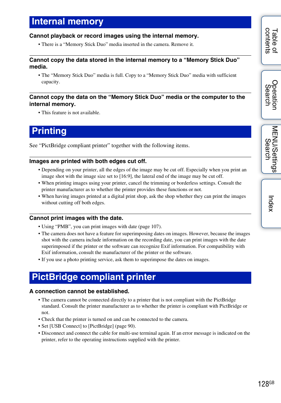 Internal memory, Printing, Pictbridge compliant printer | Sony DSC-W290 User Manual | Page 128 / 145