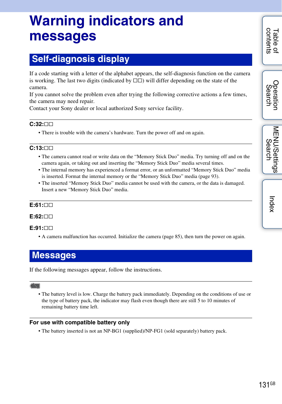 Warning indicators and messages, Self-diagnosis display messages | Sony DSC-W290 User Manual | Page 131 / 145