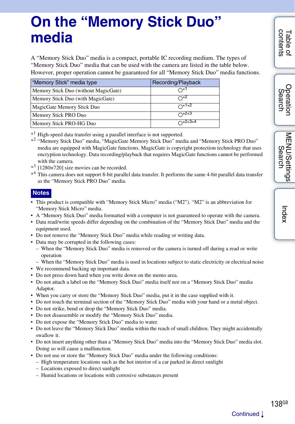 On the “memory stick duo” media | Sony DSC-W290 User Manual | Page 138 / 145