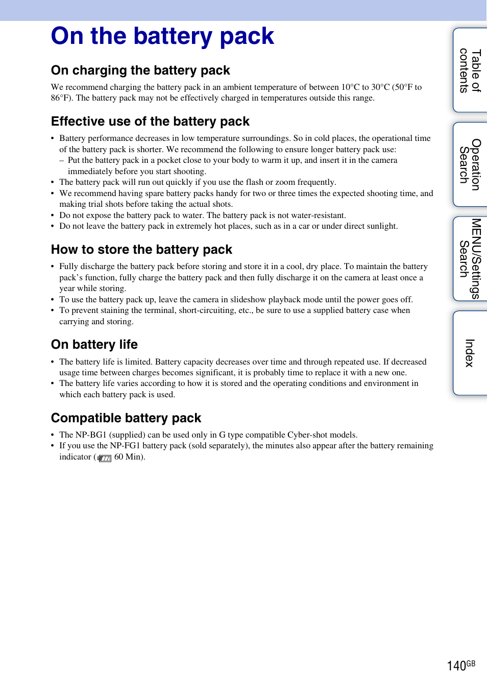 On the battery pack, On charging the battery pack, Effective use of the battery pack | How to store the battery pack, On battery life, Compatible battery pack | Sony DSC-W290 User Manual | Page 140 / 145