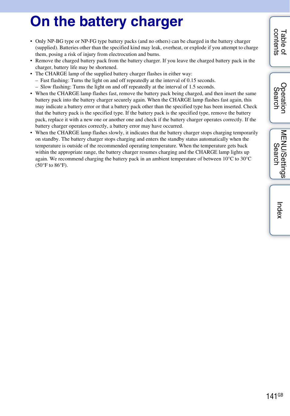 On the battery charger | Sony DSC-W290 User Manual | Page 141 / 145