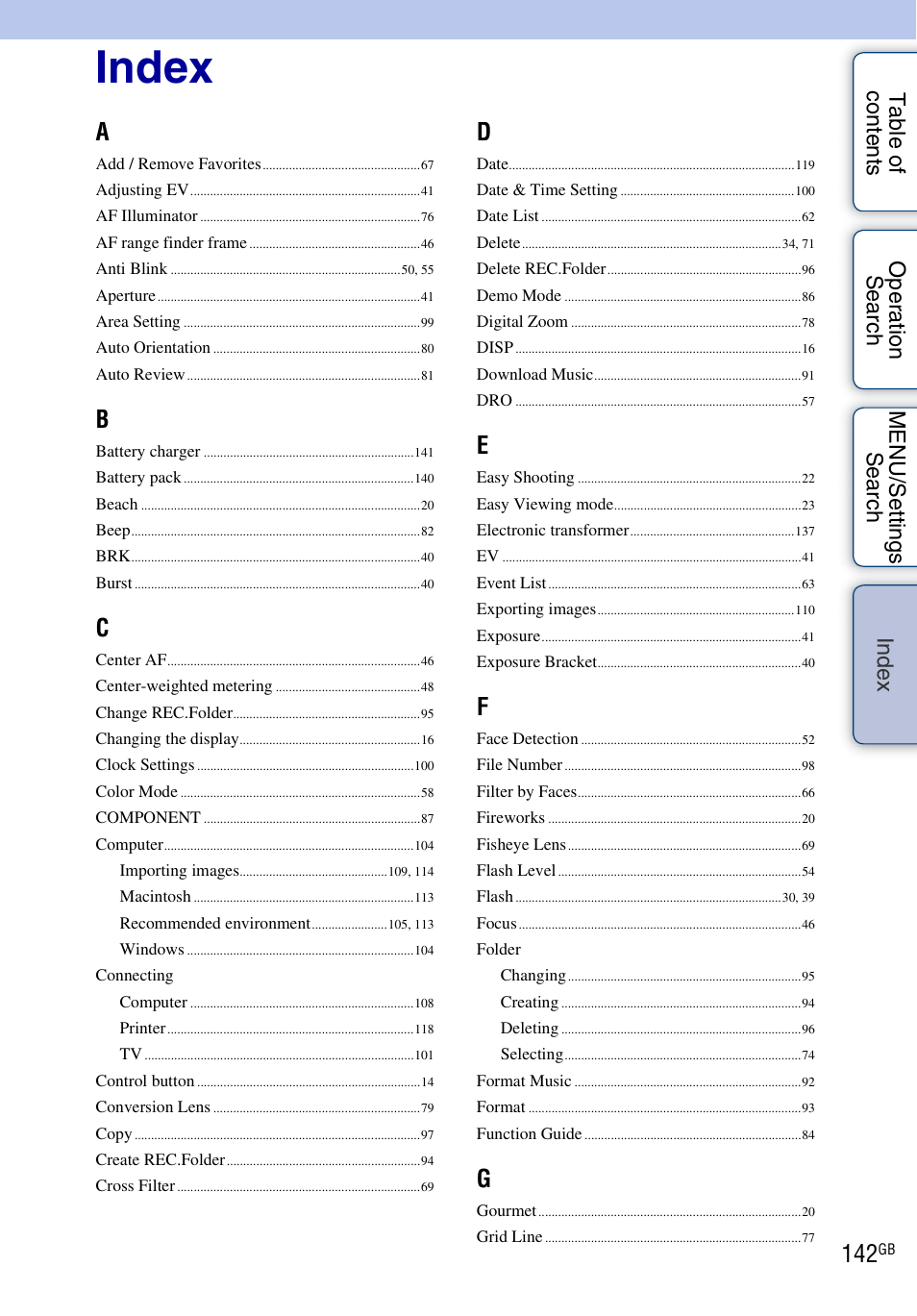 Index, De x | Sony DSC-W290 User Manual | Page 142 / 145