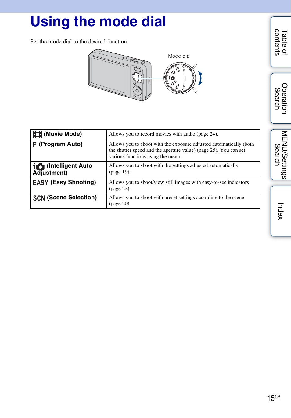 Using the mode dial | Sony DSC-W290 User Manual | Page 15 / 145