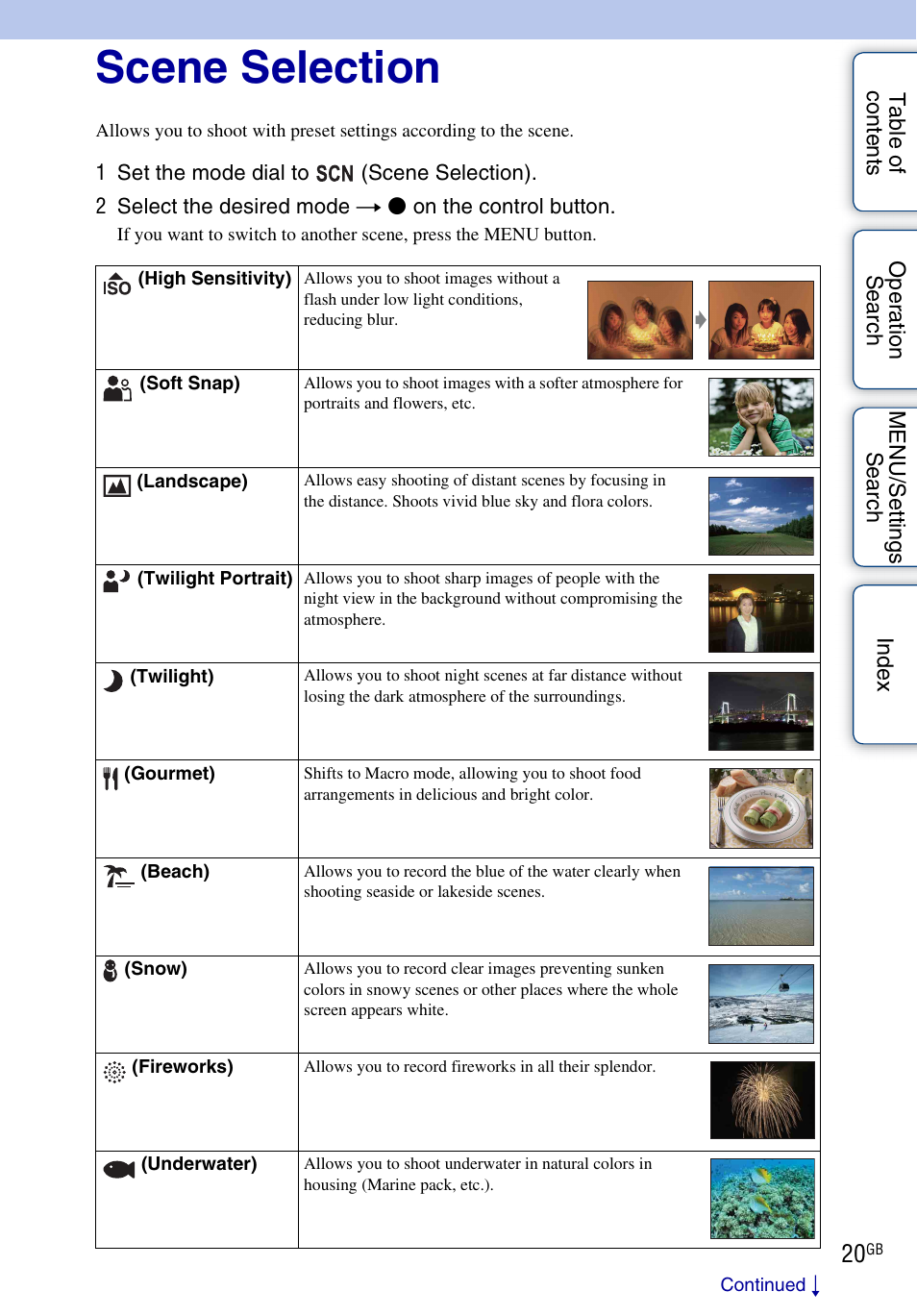 Scene selection | Sony DSC-W290 User Manual | Page 20 / 145