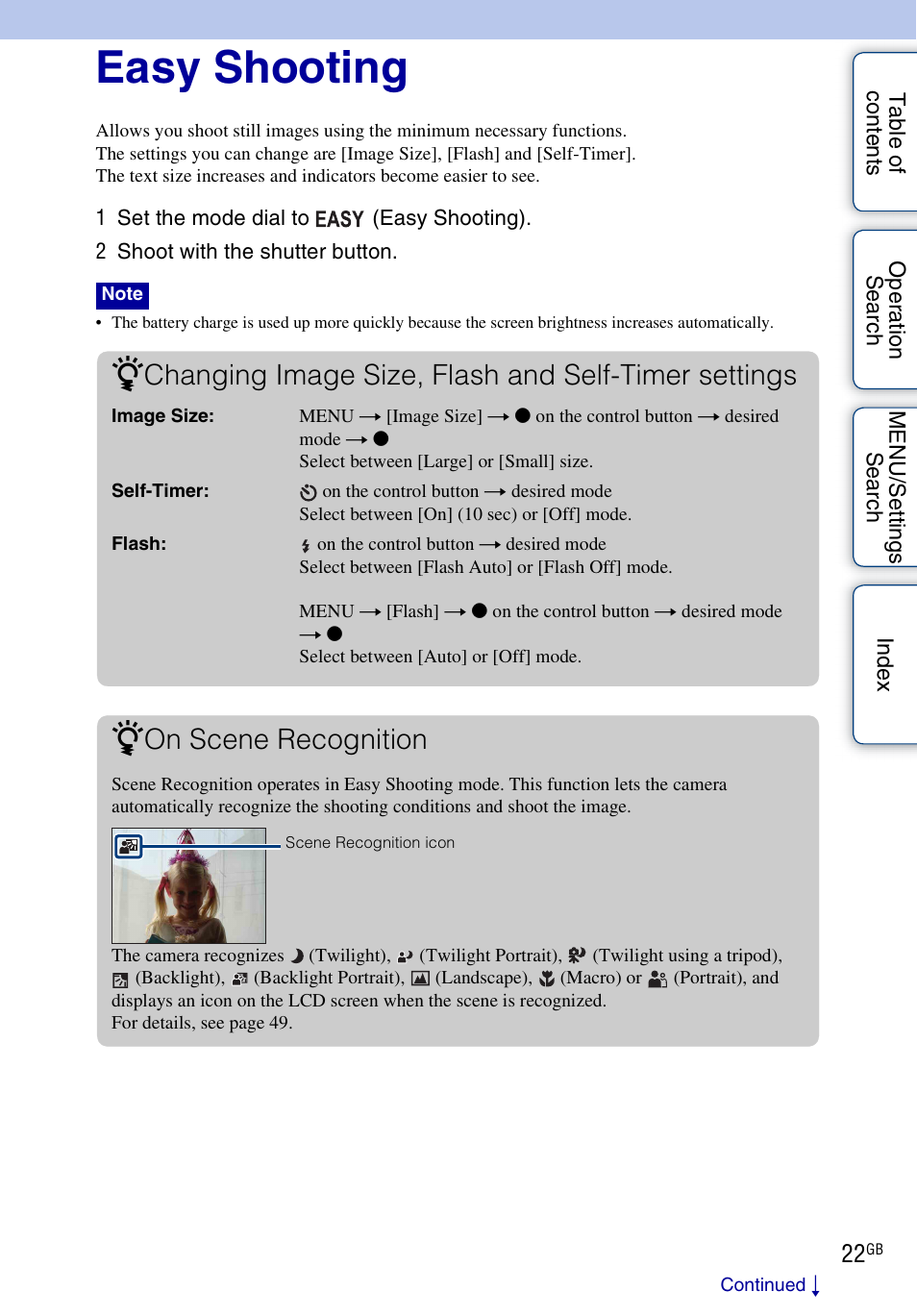 Easy shooting, Changing image size, flash and self-timer settings, On scene recognition | Sony DSC-W290 User Manual | Page 22 / 145