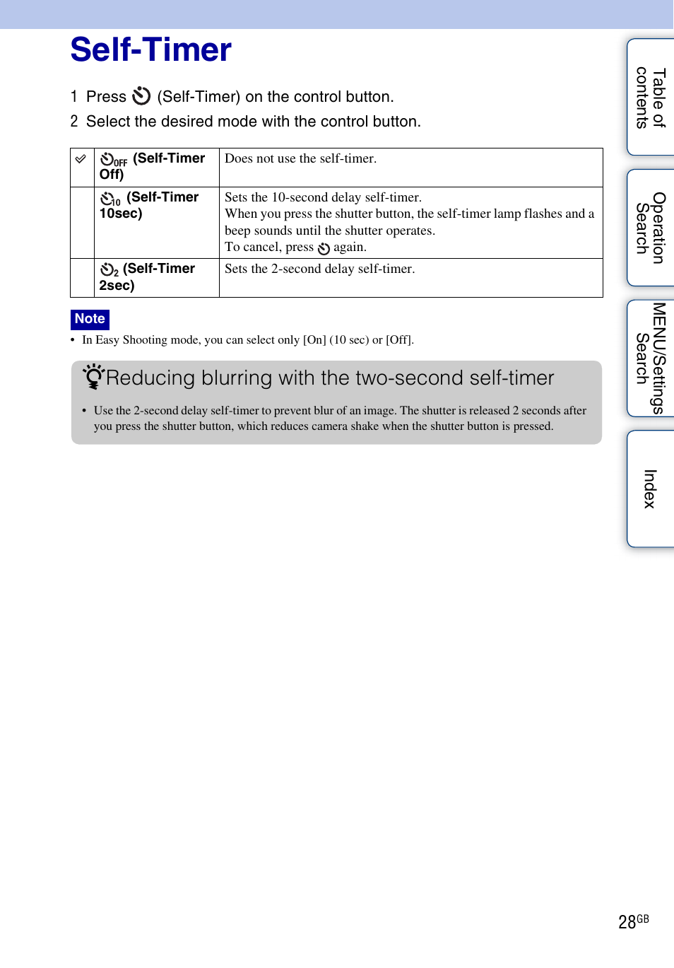 Self-timer, Reducing blurring with the two-second self-timer | Sony DSC-W290 User Manual | Page 28 / 145