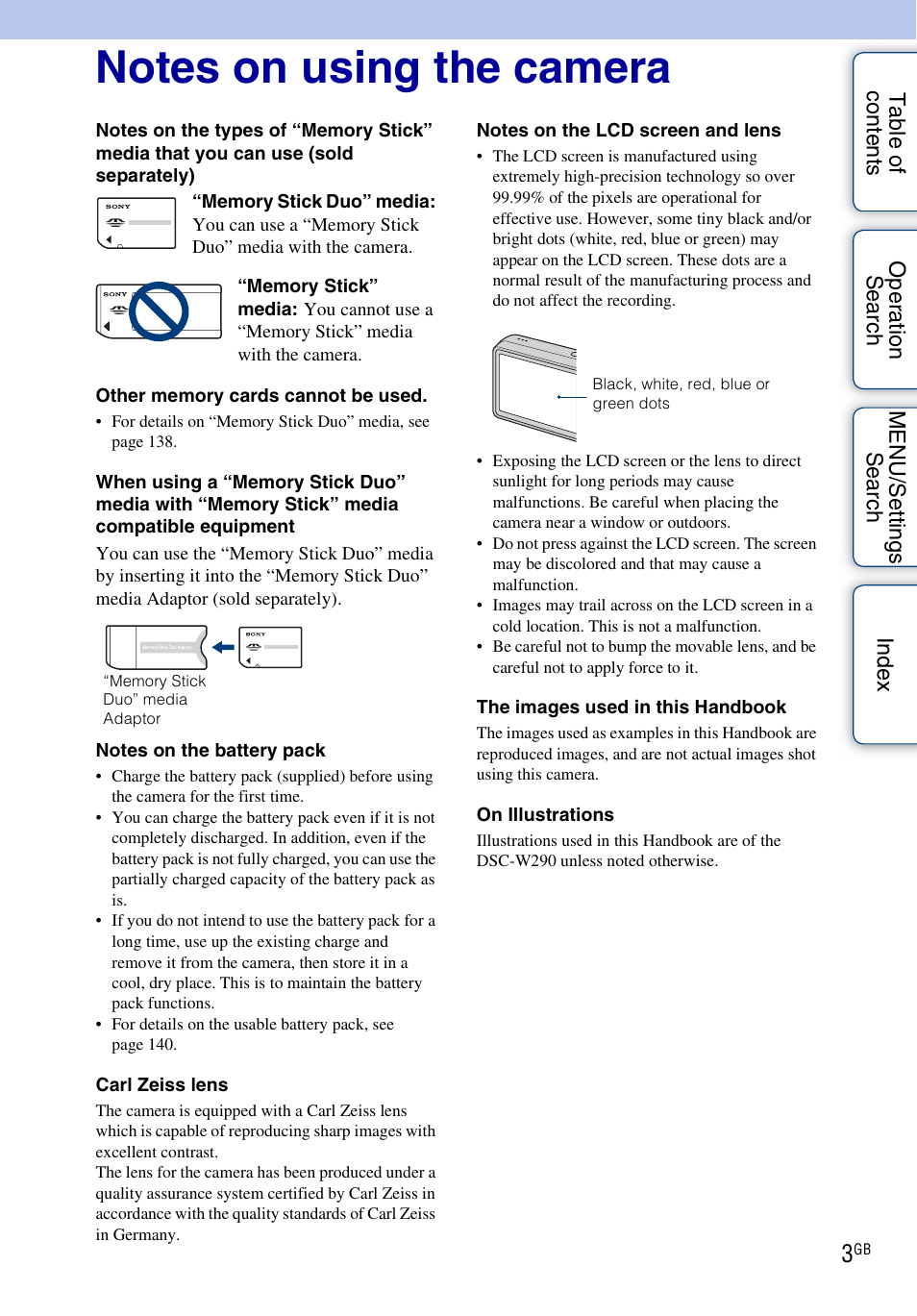 Notes on using the camera | Sony DSC-W290 User Manual | Page 3 / 145