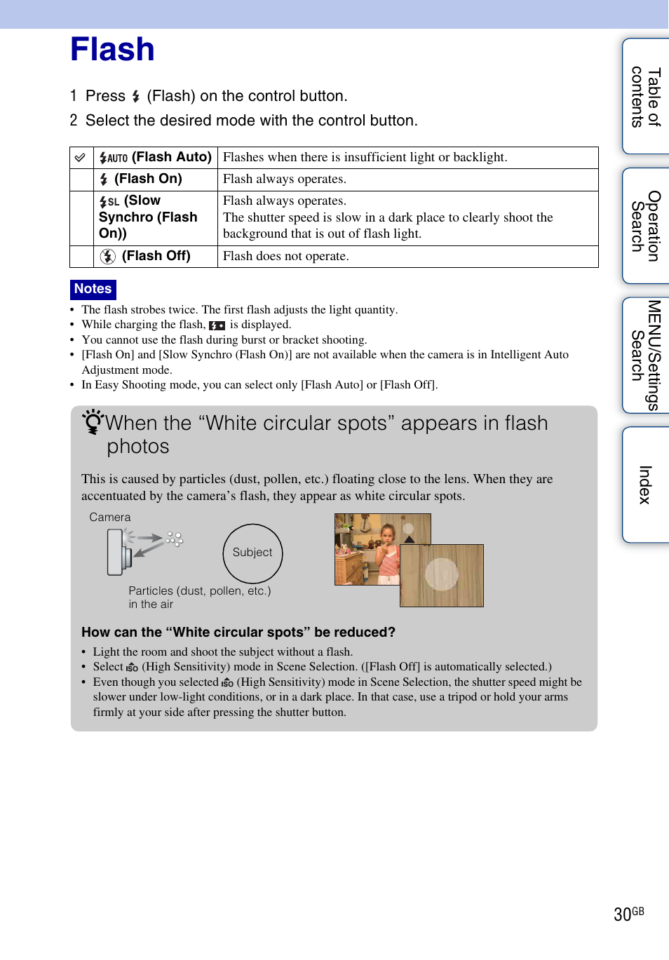 Flash | Sony DSC-W290 User Manual | Page 30 / 145