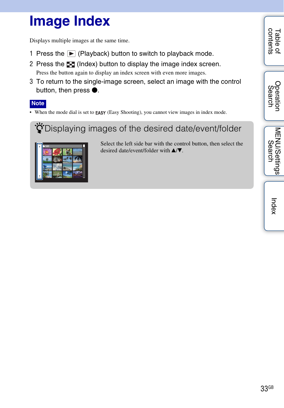 Image index, Displaying images of the desired date/event/folder | Sony DSC-W290 User Manual | Page 33 / 145