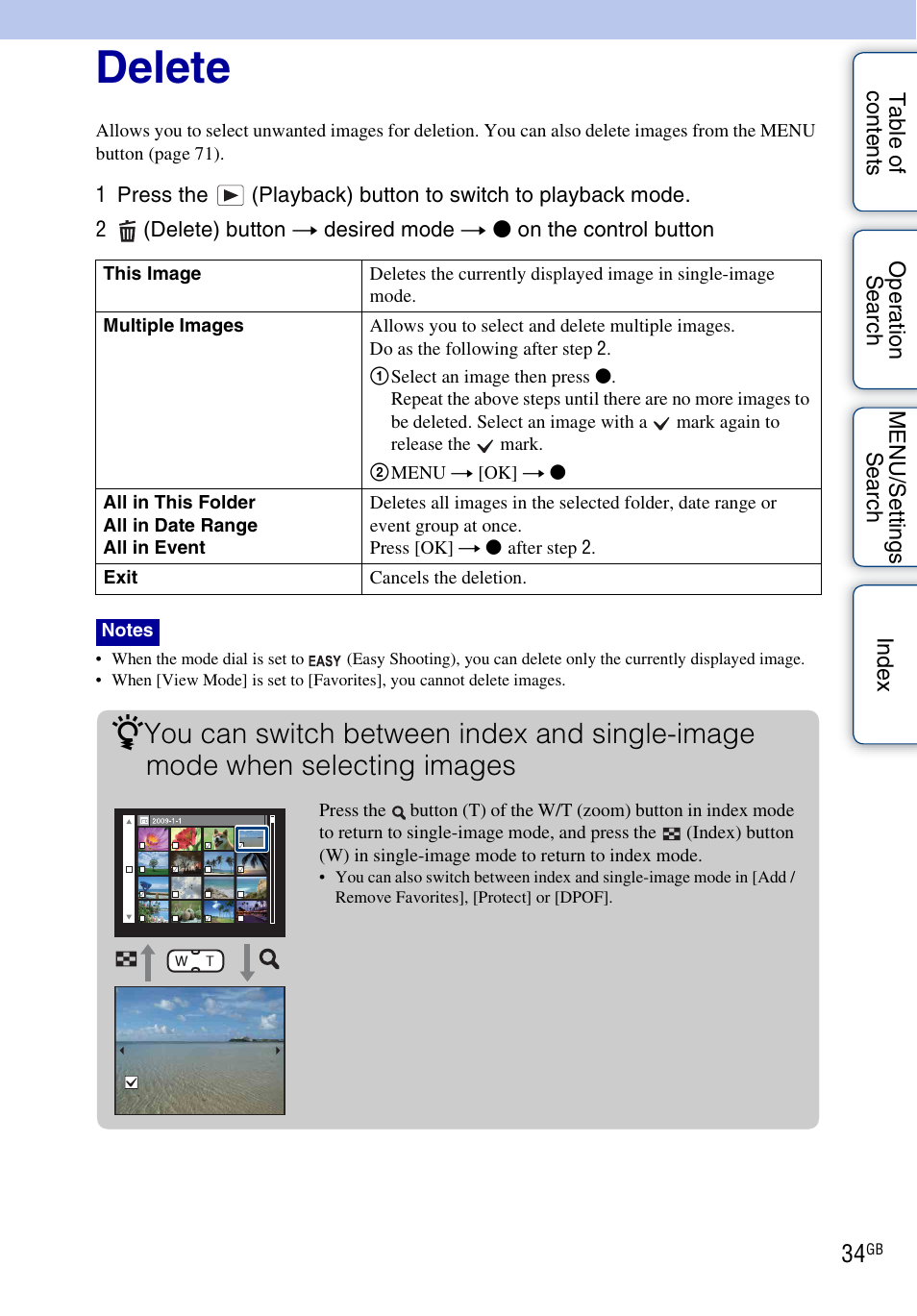 Delete | Sony DSC-W290 User Manual | Page 34 / 145